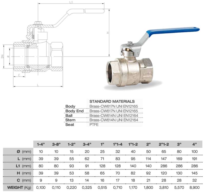 PN25 600WOG CW617N UNI EN12165 Brass Ball Valve dimensions PN25 600WOG CW617N UNI EN12165黄铜球阀尺寸